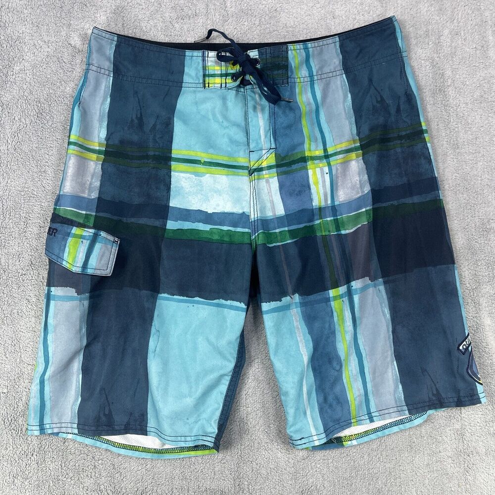 Quiksilver‎ Board Shorts Men 34 Blue Plaid Swim Trunks Surf Shorts Cargo Pocket